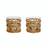 Two glass tealight holders with a rattan design, suitable for holding tealights.