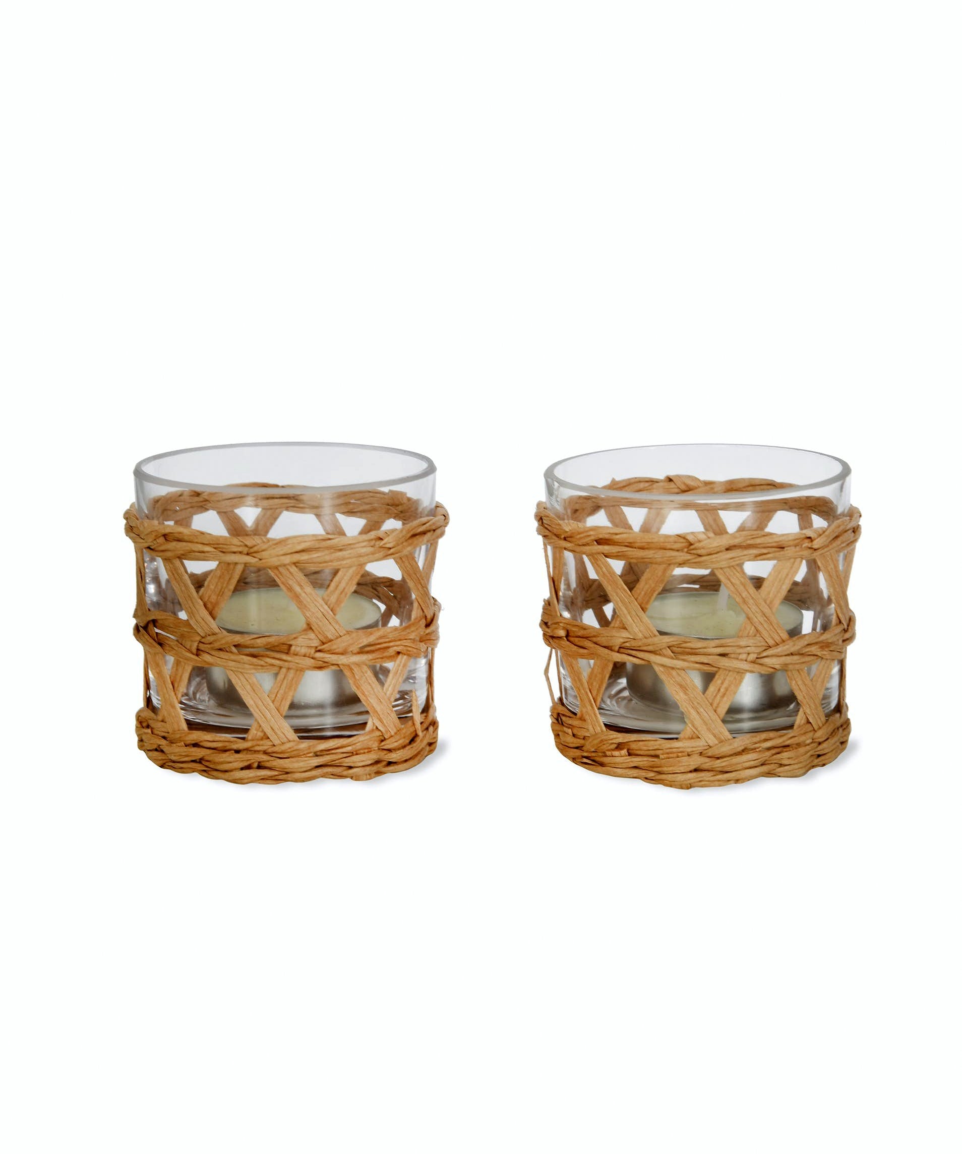 Two glass tealight holders with a rattan design, suitable for holding tealights.
