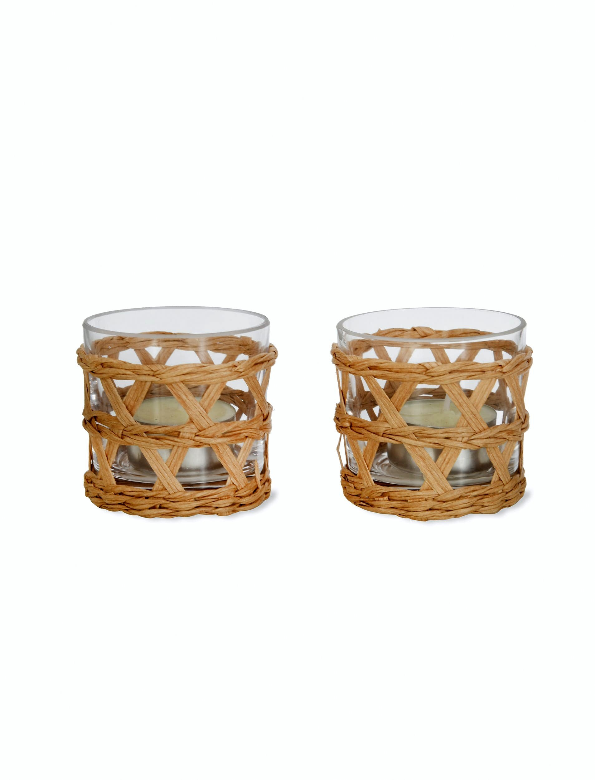 Two glass tealight holders with a rattan design, suitable for holding tealights.