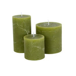 Elegant fern green rustic pillar candles with a textured finish and warm even burn. Available in 3 sizes for tablescapes, cosy interiors and home décor styling.