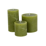 Elegant fern green rustic pillar candles with a textured finish and warm even burn. Available in 3 sizes for tablescapes, cosy interiors and home décor styling.