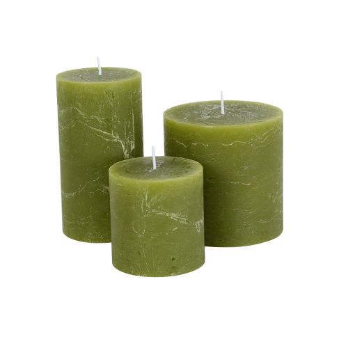 Elegant fern green rustic pillar candles with a textured finish and warm even burn. Available in 3 sizes for tablescapes, cosy interiors and home décor styling.