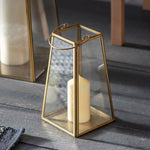 Ablington Antique Brass Lantern with clear glass panels for pillar candles and tealights.