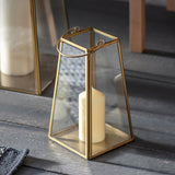 Ablington Antique Brass Lantern with clear glass panels for pillar candles and tealights.