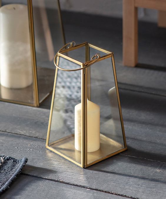 Ablington Antique Brass Lantern with clear glass panels for pillar candles and tealights.