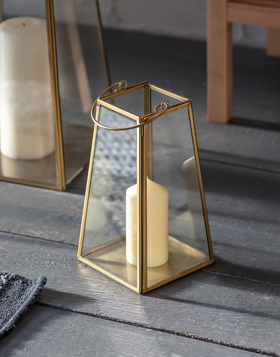 Ablington Antique Brass Lantern with clear glass panels for pillar candles and tealights.