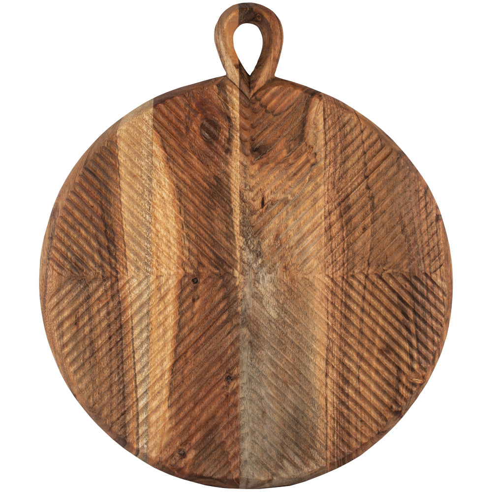 Round Acacia Wood Chopping and Serving Board with decorative carved detailing.