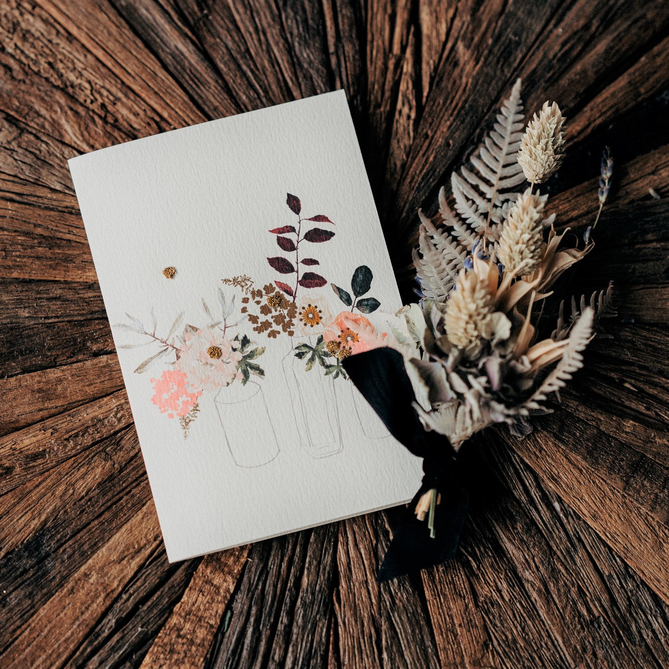 Beautiful handmade Flowers in Bottles gift card by Elena Deshmukh. Printed on luxury sustainable textured card with delicate floral artisan detail.