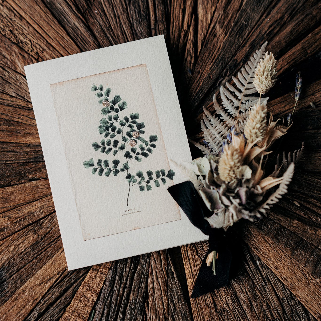 Beautiful handmade Maidenhair Fern luxury card by Elena Deshmukh. Printed on sustainable textured card with delicate botanical artisan detail.