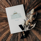 Beautiful handmade new home card by Elena Deshmukh featuring a Taj Mahal inspired design. Printed on luxury sustainable textured card.