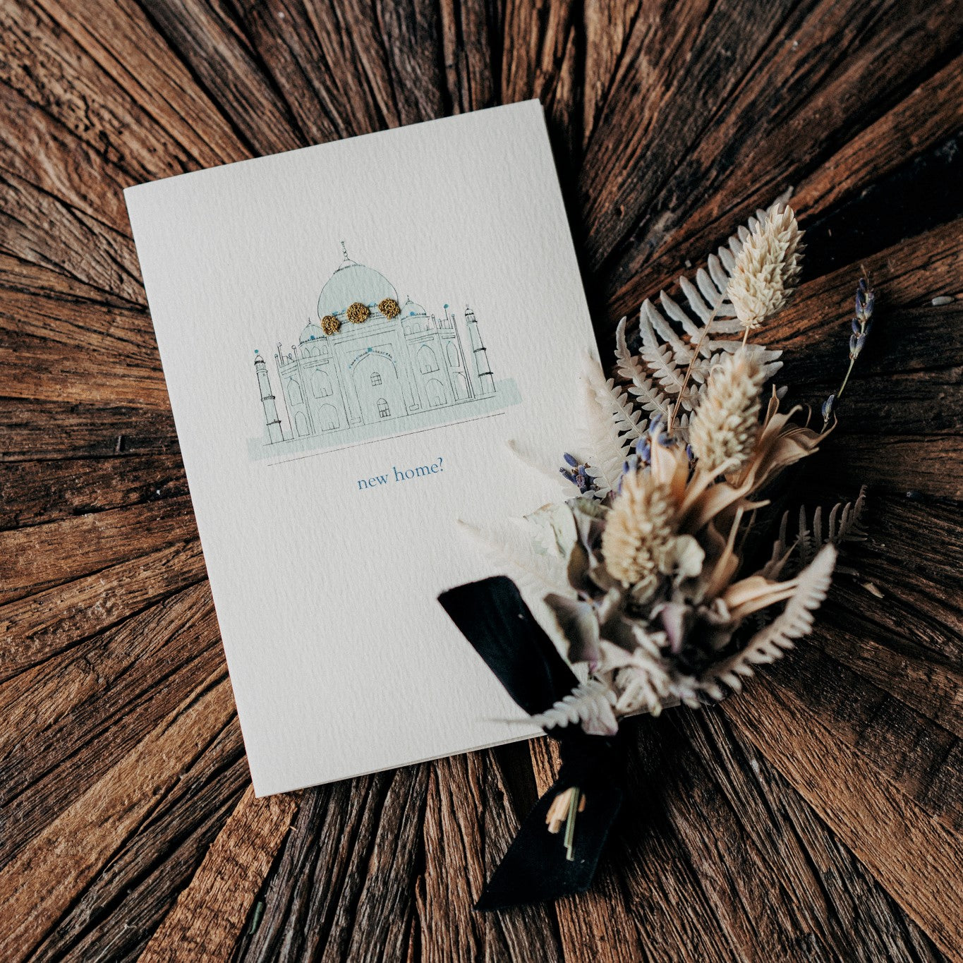 Beautiful handmade new home card by Elena Deshmukh featuring a Taj Mahal inspired design. Printed on luxury sustainable textured card.