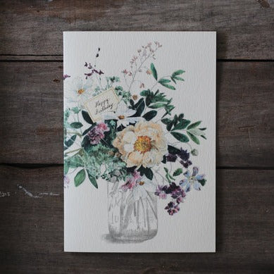 Handmade Birthday card by local artist Elena Deshmukh. Individually printed on textured, sustainable card milled in the Lake District. Blank inside.