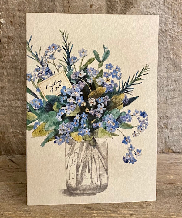 Beautiful handmade Thinking of You card by Elena Deshmukh featuring delicate forget-me-nots artwork. Printed on luxury sustainable textured card.