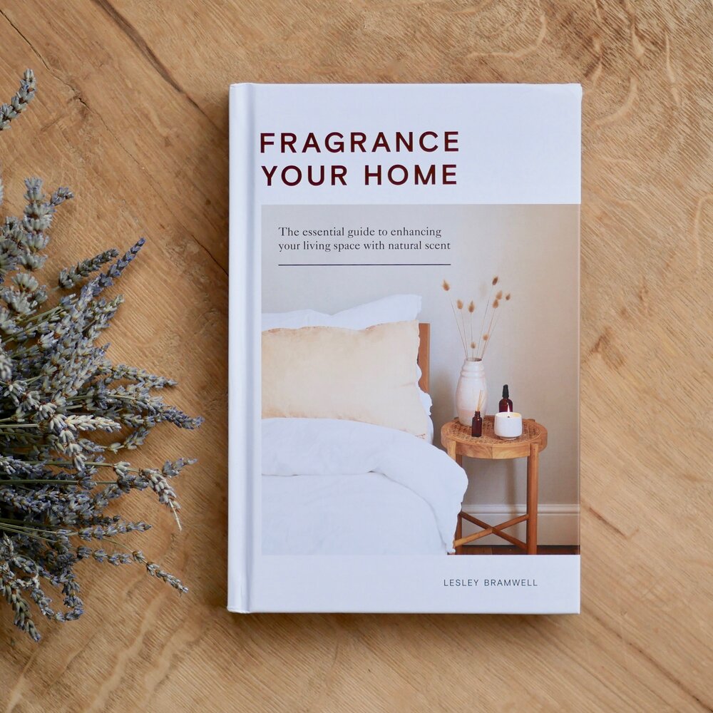 Fragrance Your Home hardback by Lesley Bramwell featuring natural home fragrance ideas, essential oil blends, handmade candles and reed diffuser projects.