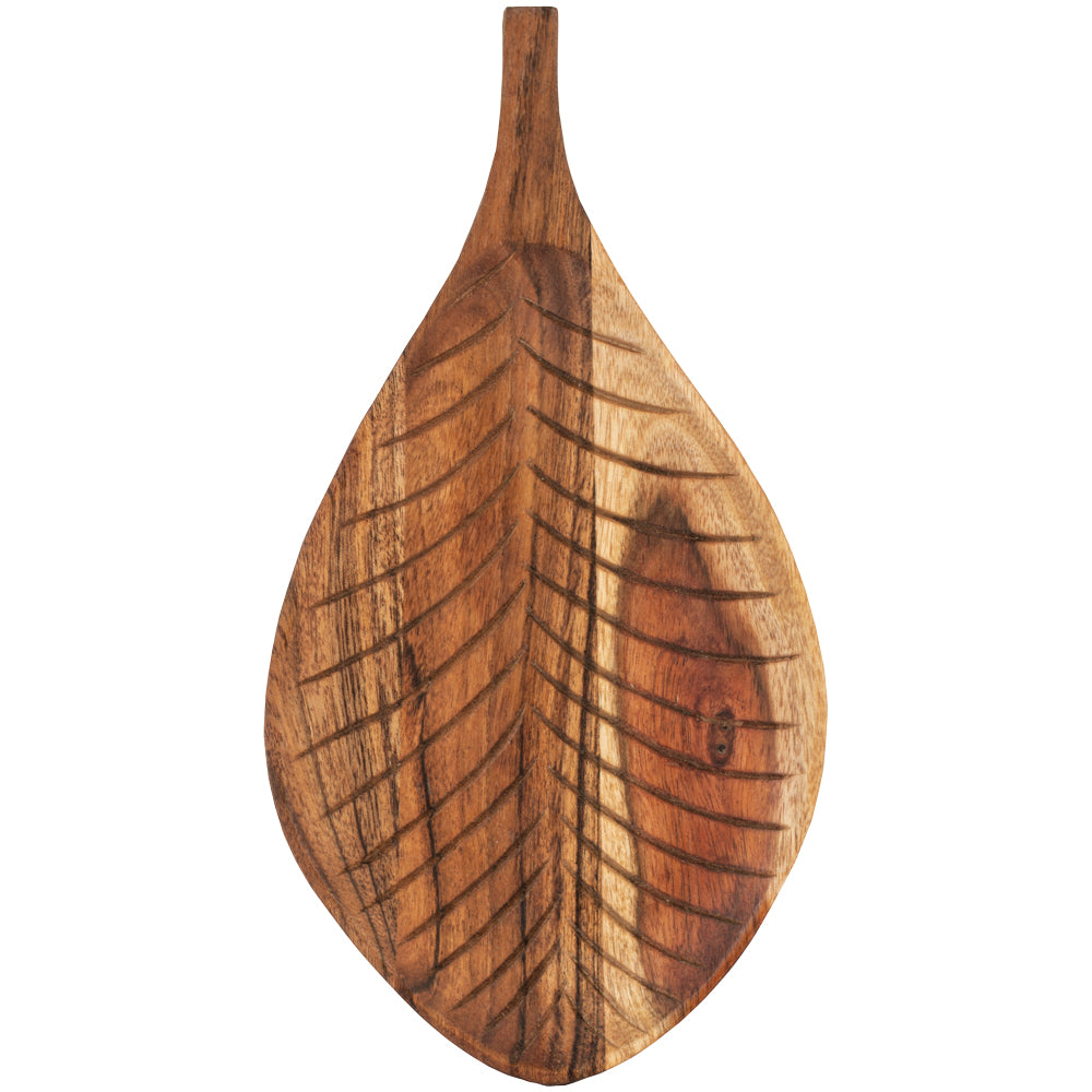 Handcrafted acacia wood serving board with beautiful leaf carving detail. Perfect for cheeseboards, entertaining, kitchen styling and food presentation.