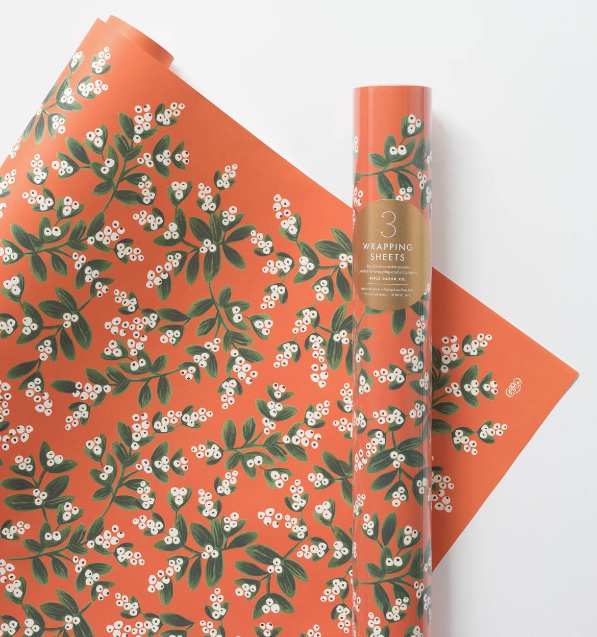 Rifle Paper Co. Mistletoe Christmas wrapping paper with festive botanical illustrations, supplied as three luxury gift wrap sheets.