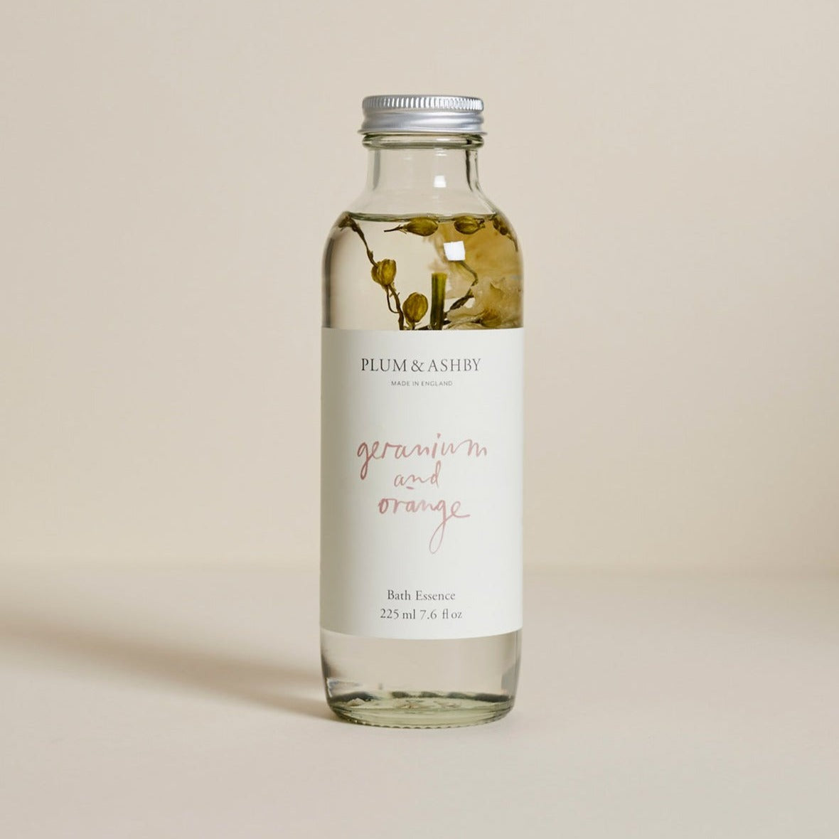 Plum & Ashby Geranium &amp; Orange Bath Essence 225ml in recyclable glass bottle.