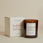Plum & Ashby Sandalwood & Labdanum Candle in a recyclable glass vessel. A hand-poured natural soy wax candle with warm sandalwood, labdanum, black pepper, ginger, cinnamon and amber notes, creating a rich, comforting fragrance with up to 60 hours of burn time.