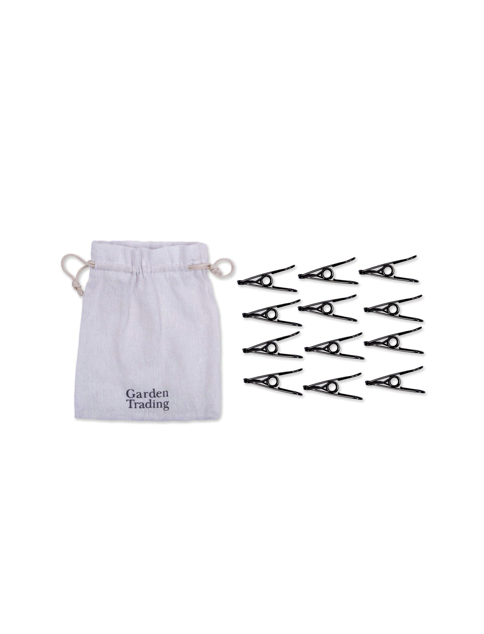 Pack of 12 stainless steel metal display clips with cotton drawstring bag